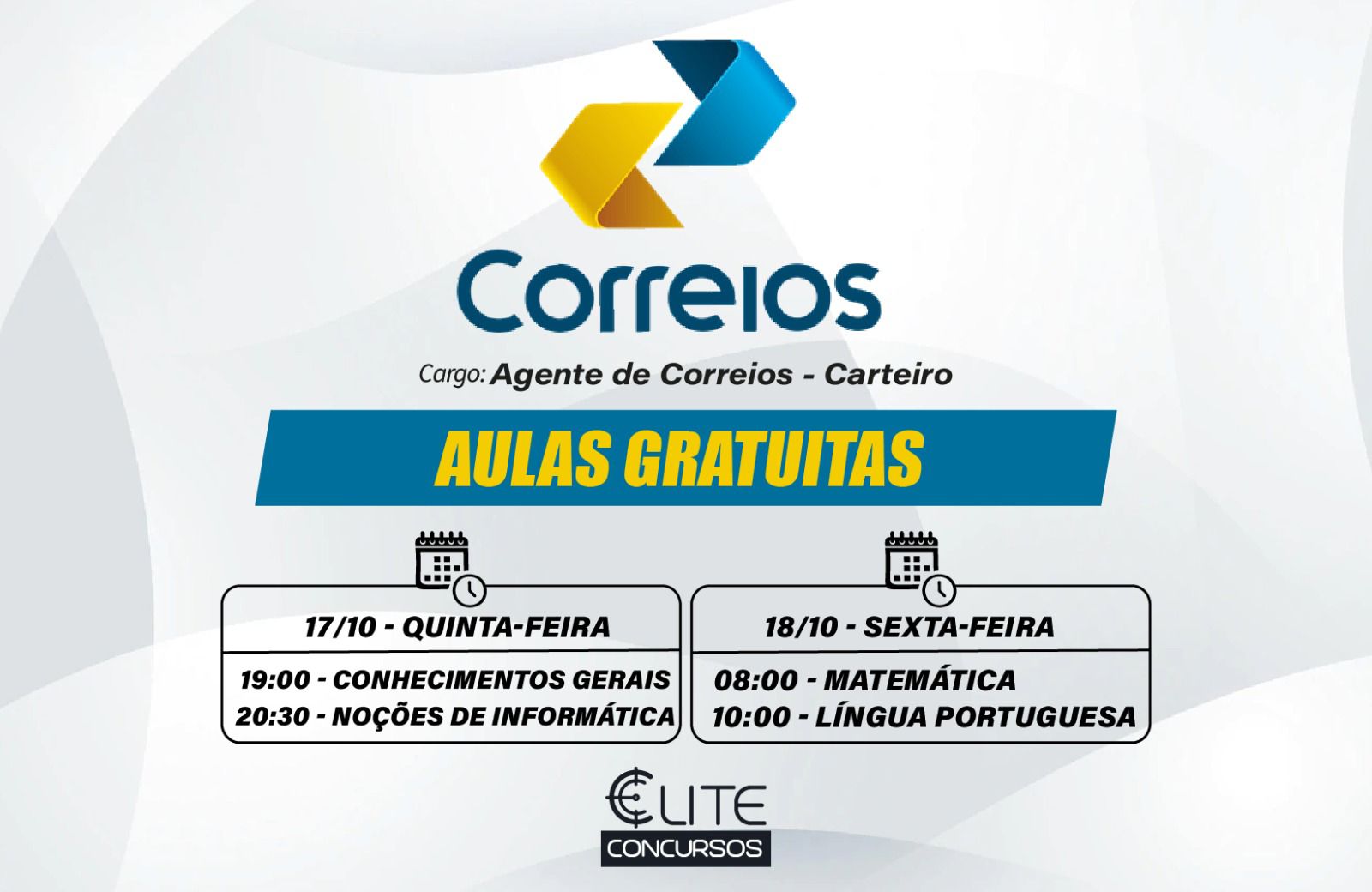 Aulas Gratuitas - Agente de Correios - 17/10 e 18/10